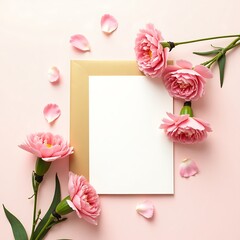 Flat lay of a clean white paper sheet with pink carnations on pink background top view close-up. Mothers day mockup design of greeting card, textured paper