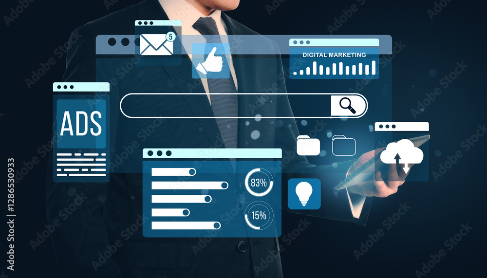 Poster Businessman using digital marketing interface with ads and analytics.