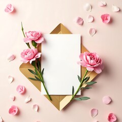 Flat lay of a clean white paper sheet with pink carnations on pink background top view close-up. Mothers day mockup design of greeting card, textured paper