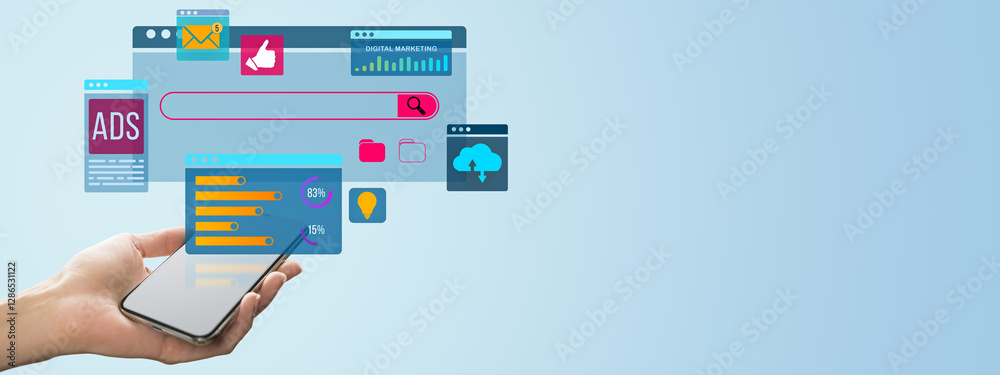 Aufkleber Digital marketing concept with smartphone and floating UI elements.