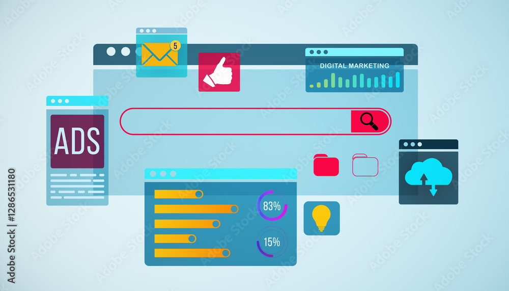 Poster digital marketing interface with ads, stats, and web icons on a light blue backdrop. concept of onli