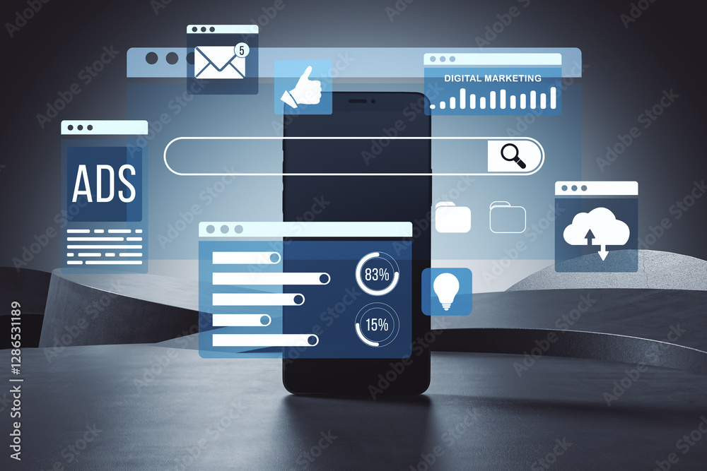 Poster Digital marketing and online advertising interface with data analytics and content strategy icons on a smartphone. 3D Rendering