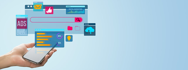 Digital marketing concept with smartphone and floating UI elements.
