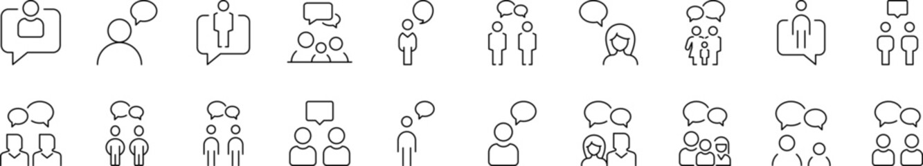 People and Speech Bubble Thin Line Icon Set. Outline Signs for Graphic and Web Design, Apps, Adverts, Various Cards