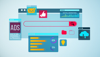 Digital marketing interface with ads, stats, and web icons on a light blue backdrop. Concept of online advertising and data monitoring. 3D Rendering