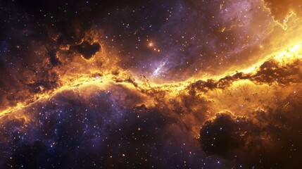 Fototapeta premium A celestial river of molten gold nebula gas flows through a distant galaxy, illuminating space