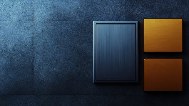 Dark blue textured background subtly illuminates sleek metallic rectangle and two vibrant orange cubes arranged neatly. AI Generated