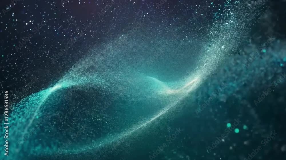 Poster a stunning display of animated particles gracefully moves and intertwines, creating shapes in a dark
