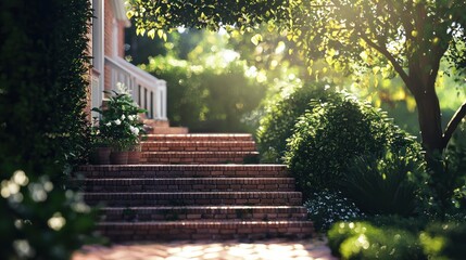 Obraz premium Sunlit Brick Steps Leading to a House in a Lush Garden