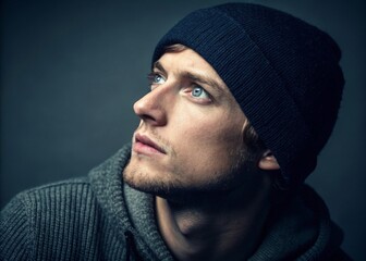 Young man in beanie gazing upward studio setting portrait photography dramatic lighting thoughtful expression