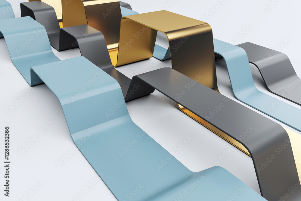 Poster Abstract geometrical background with metallic and pastel wave-like structures. 3D Rendering