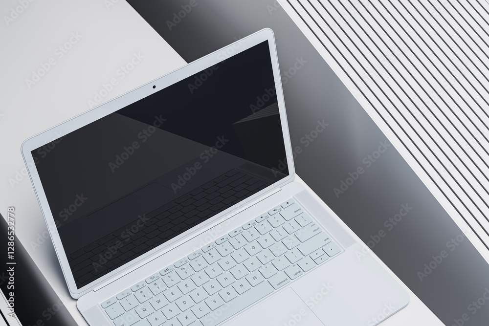 Poster modern white laptop with sleek design placed on a geometric background. 3d rendering