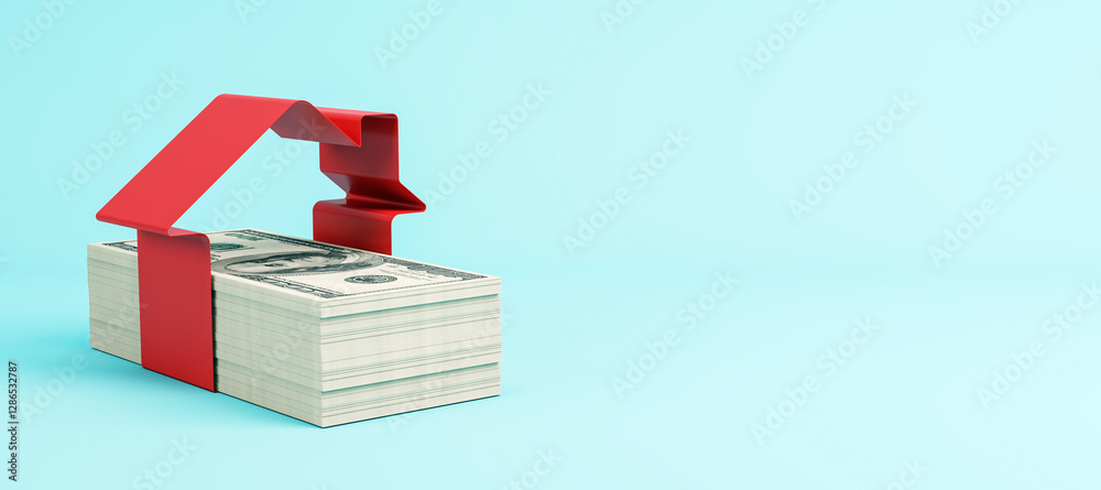 Poster stack of dollar bills with a red ribbon forming a house shape on a light blue background. concept of