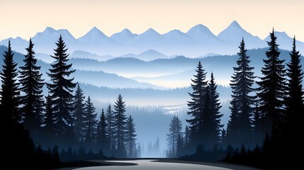 Fototapeta premium Serene Forest Landscape With Silhouetted Trees And Majestic Mountains In The Background