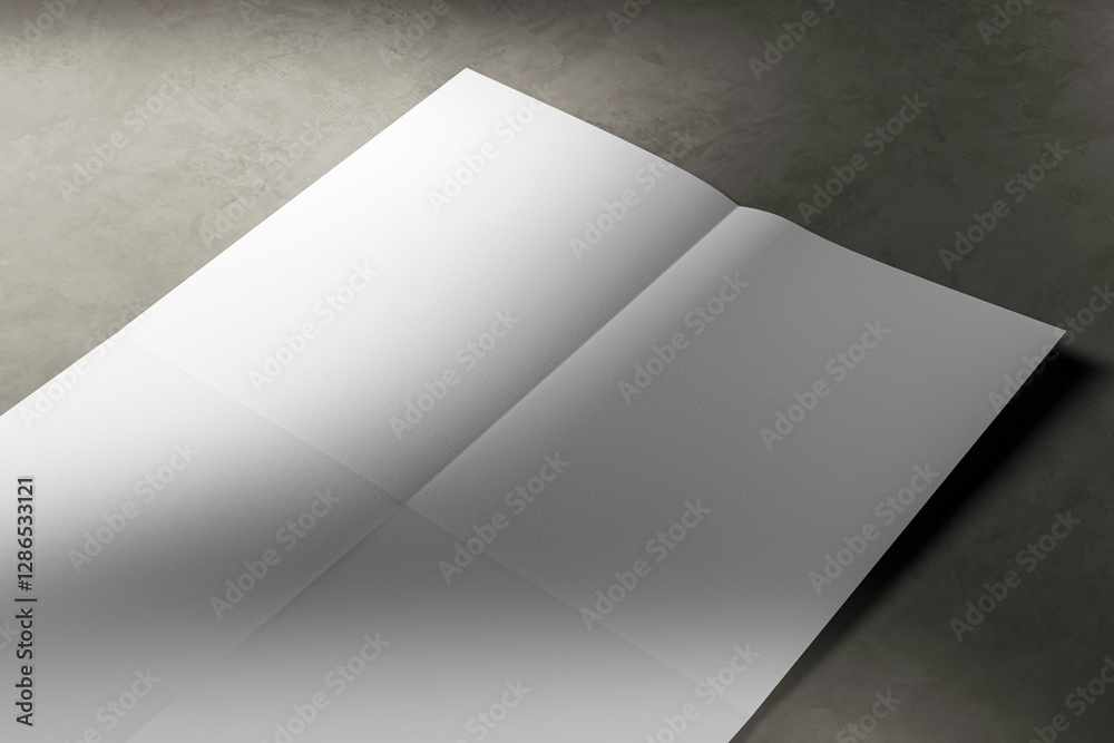 Poster Blank folded paper sheet on textured grey concrete background. 3D Rendering