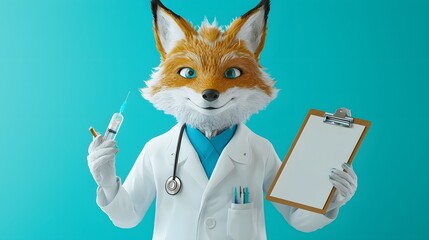 Whimsical and cute of a fox wearing medical uniform and holding a clipboard and syringe representing a fantasy animal healthcare professional or veterinarian character