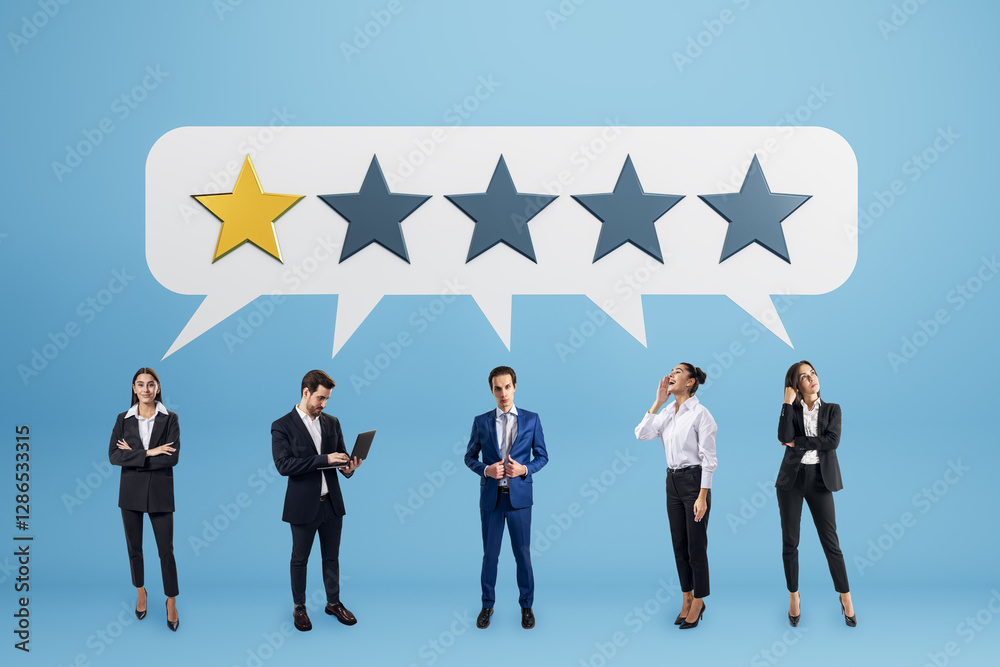 Poster businesspeople with low rating stars in speech bubbles.