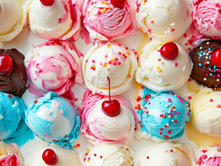 A delightful assortment of colorful ice cream scoops topped with cherries and sprinkles, capturing a playful and vibrant culinary scene.