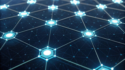 digital network visualization featuring interconnected nodes and lines, representing blockchain technology and data flow. glowing hexagonal shapes create futuristic and dynamic atmosphere