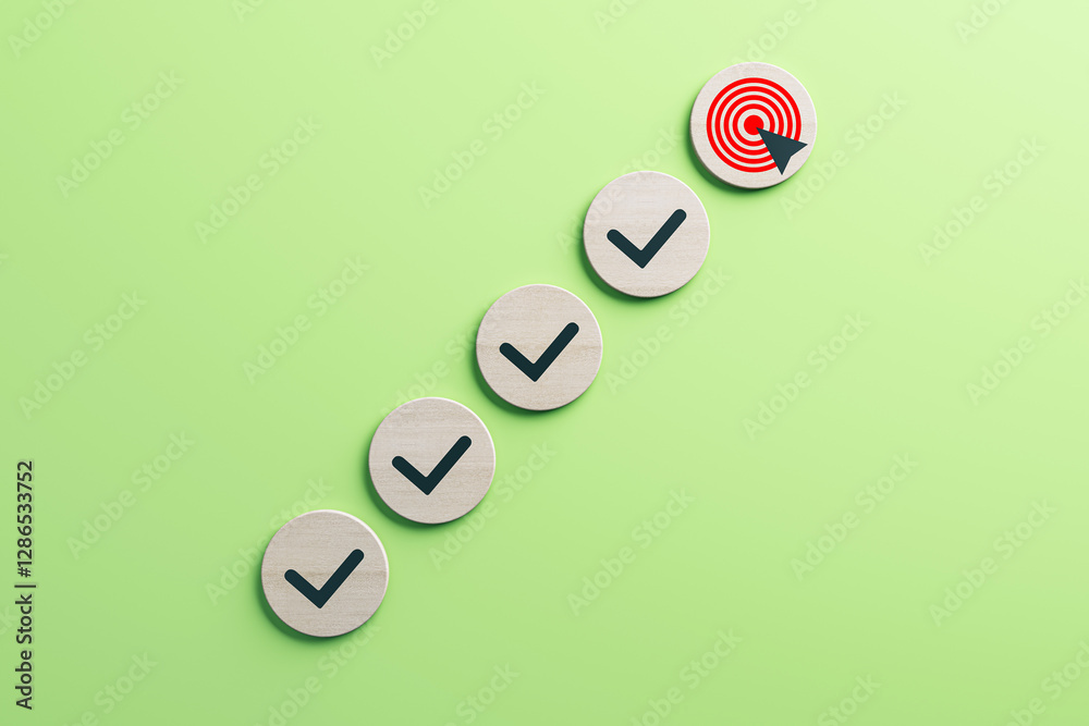 Poster Steps to success concept with checkmarks leading to target on green background. 3D Rendering
