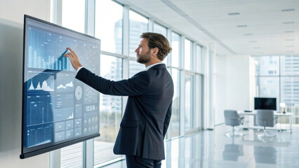 businessman interacting with virtual touchscreen in modern office, analyzing data and graphs. environment is bright and professional, reflecting high tech atmosphere