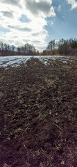 Plowed Field with Melting Snow and Mountain in the Background