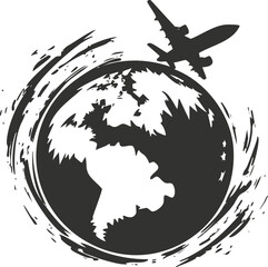 Silhouette of airplane flying over the globe, symbolizing global travel.
