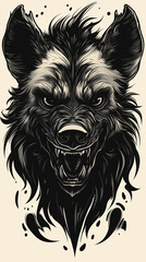 Naklejka premium Laughing Hyena Engraving - Mischievous Grin Black and White Illustration, AI
