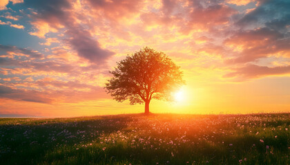 Fototapeta premium Photo - Scenic Sunset Landscape with Lone Tree and Wildflower Meadow