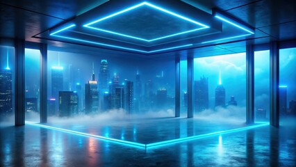 Darkened room with glowing blue walls and ceiling, surrounded by misty fog and neon-lit cityscape at dusk, futuristic cityscape, ambient lighting