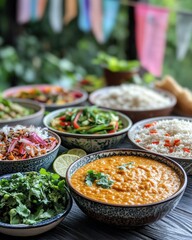 Obraz premium Traditional vegetarian feast with a variety of colorful dishes, including rice, lentils, beans, and fresh greens, beautifully arranged on a rustic wooden table