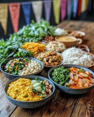 Obraz premium Traditional vegetarian feast with a variety of colorful dishes, including rice, lentils, beans, and fresh greens, beautifully arranged on a rustic wooden table