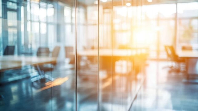 Blurred view of a modern office space through glass partition, sunlit.