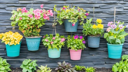 Colorful Arrangement of Hanging Flower Pots Against a Textured Dark Wall in a Garden Setting