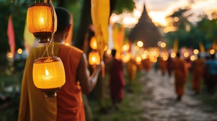 Buddhist monks in a candlelight procession at sunset, holding lanterns and banners, walking towards an ancient temple, creating a spiritual and serene atmosphere
