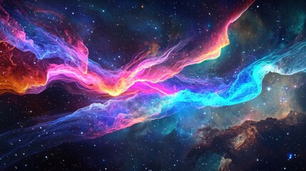 A breathtaking celestial aurora stretches across a nebula, shifting in waves of neon light