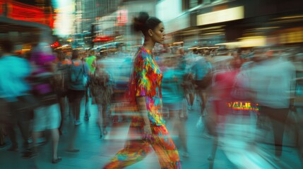 Woman in Times Square, vibrant colors and motion blur