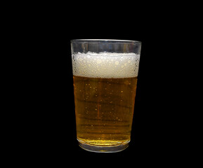A clear glass filled with beer, exhibiting a foamy top and bubbles rising throughout. The dark background highlights the drink's vibrant color