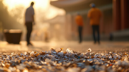 cleanup team collects paper waste from temple courtyard