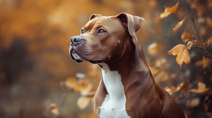 Beautiful Brown and White Pit Bull Dog in Autumn
