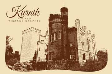 Old castle, Kurnik, Poland. Vintage brown and beige graphics, engraved, vector. Old retro design. © B.inna