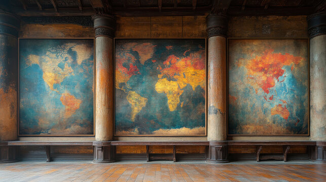 Large vintage world maps displayed on textured walls with wooden columns