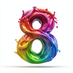 Number 8 made of liquid rainbow paint splashes with swirling colors and glossy reflections isolated on a clean white background