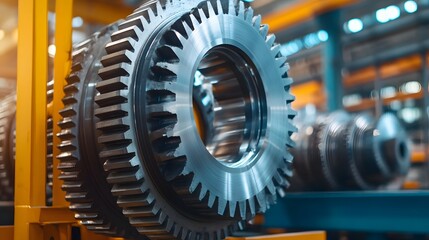 Large industrial steel gears in motion at factory automation