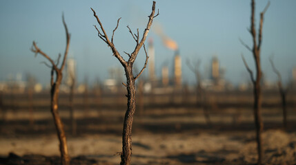 Obraz premium Dead trees near oil refinery highlight environmental impact