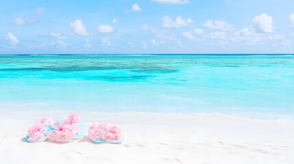 Tranquil Beach Scene with Pink Umbrellas on White Sand and Turquoise Ocean Under a Sunny Sky