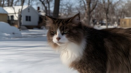 Fluffy Cat Standing in Snowy Landscape Under Bright Sunlight in Winter