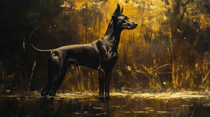 Majestic Black Dog in Autumnal Marsh Landscape Painting