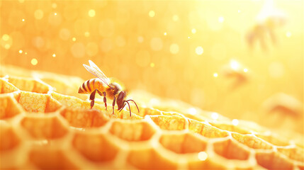 A bee collecting nectar from a honeycomb with a warm, golden glow in the background. This image captures the busy nature of bees and their role in the ecosystem.
