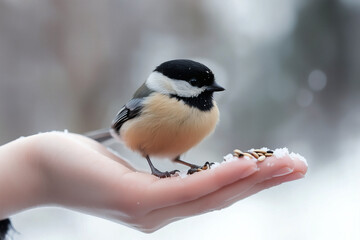 Naklejka premium Small bird resting on a hand with seeds.